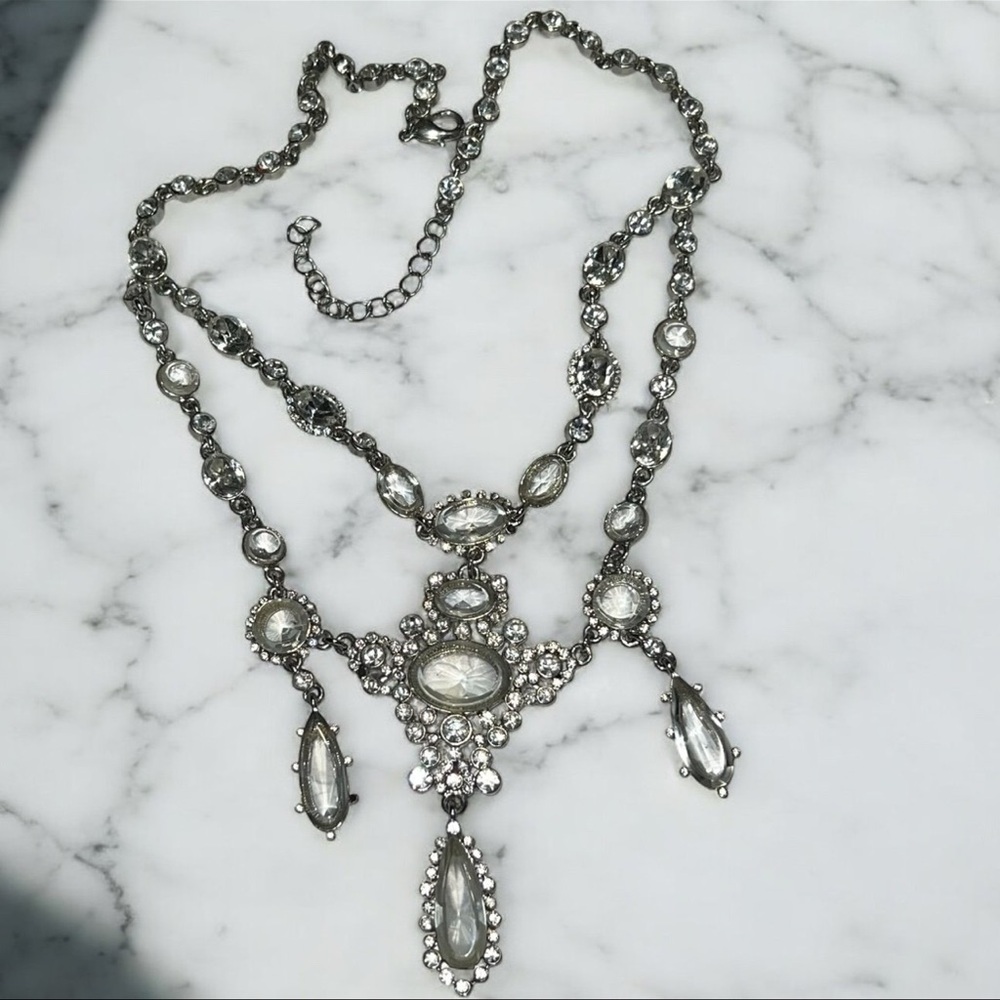 Victorian Revival Rhinestone Crystal Silver Tone Bib Necklace *read